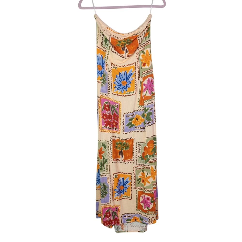 Paper Heart Linen Blend Strapless Tropical Floral Stamp Midi Dress Small Summer